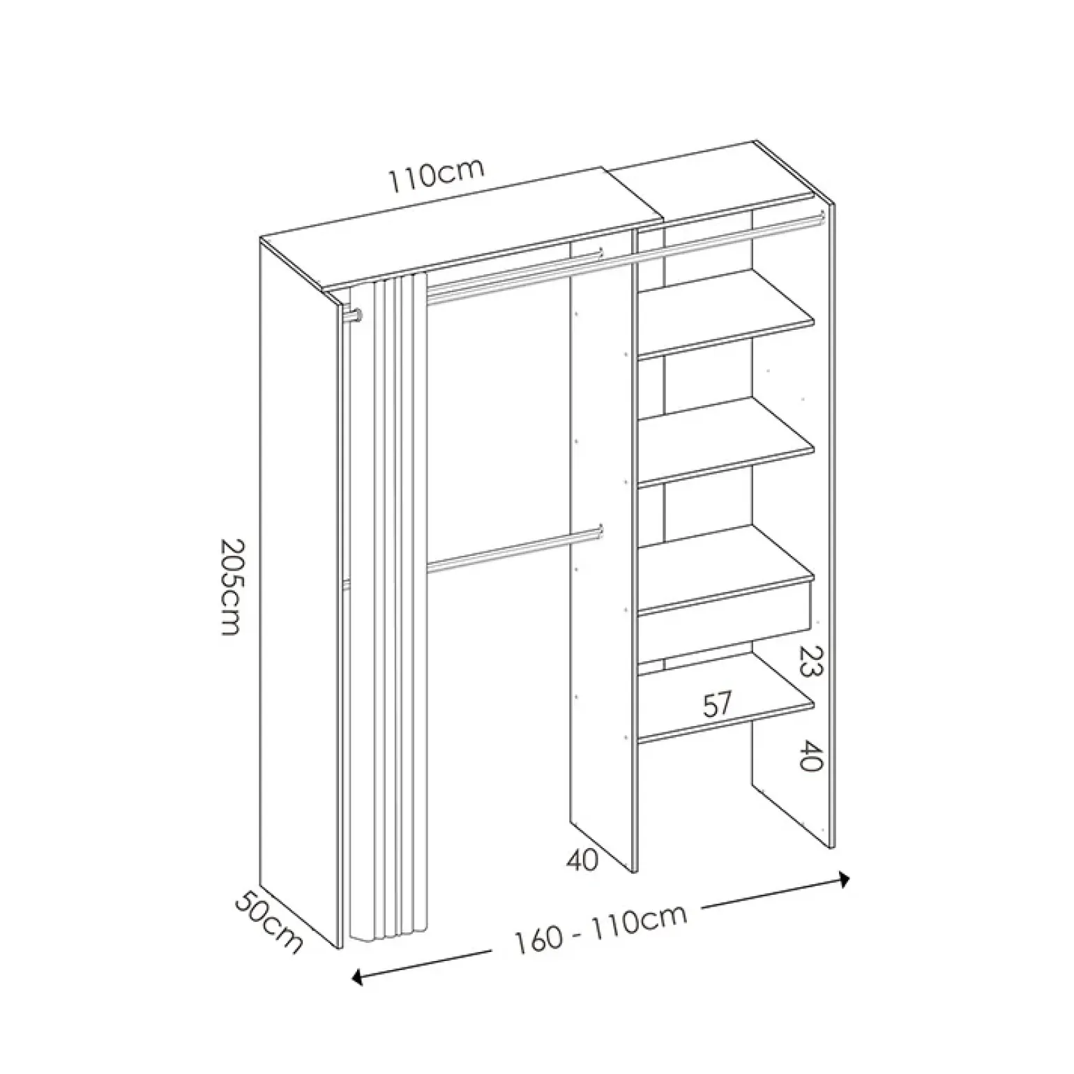 Cabina armadio 160x205h cm allungabile moderno aperto con tenda rovere noce Gover