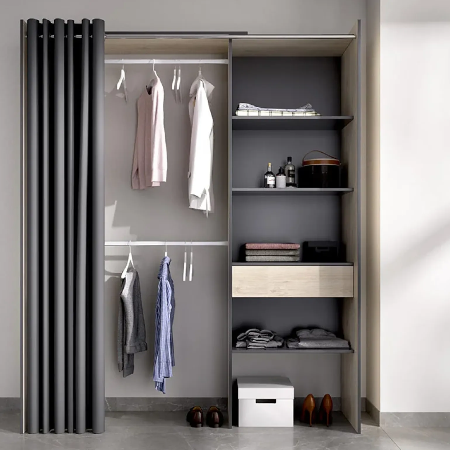 Cabina armadio 160x205h cm allungabile moderno con tenda rovere grafite Gover