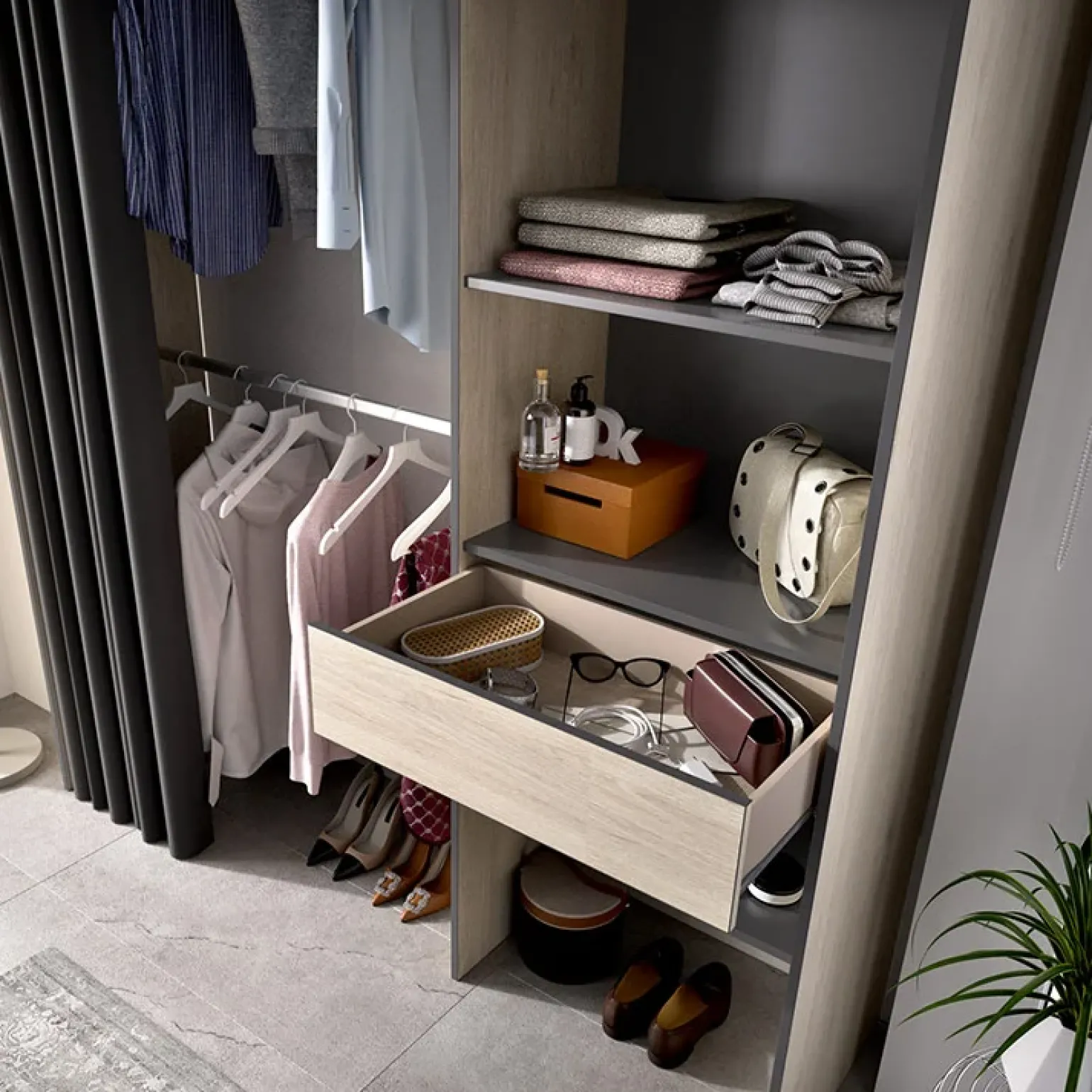 Cabina armadio 160x205h cm allungabile moderno con tenda rovere grafite Gover