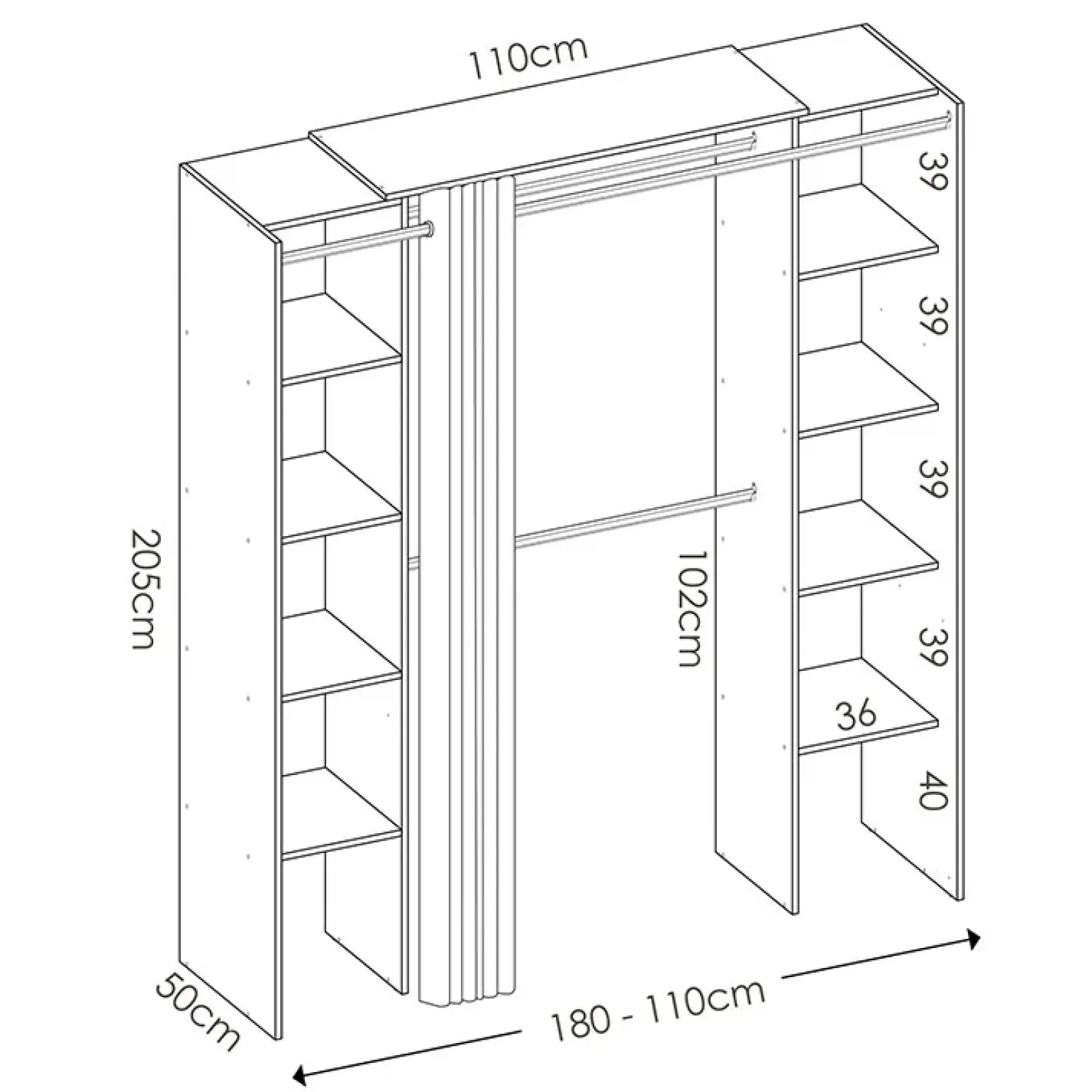 Cabina armadio 180x205h cm allungabile moderno aperto con tenda bianco Simpli