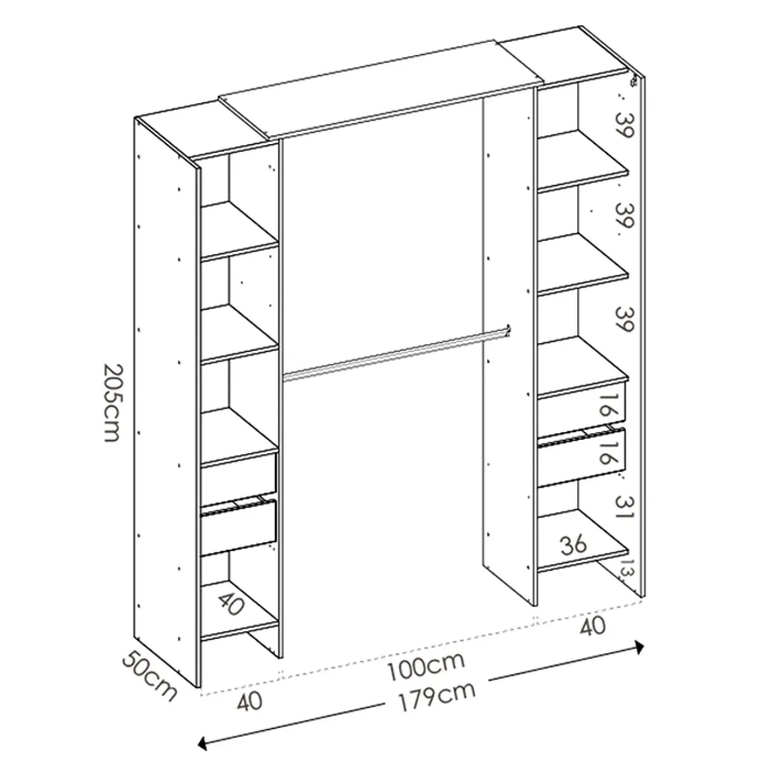 Cabina armadio 179x205h cm con cassetti moderno aperto rovere e grafite Loder