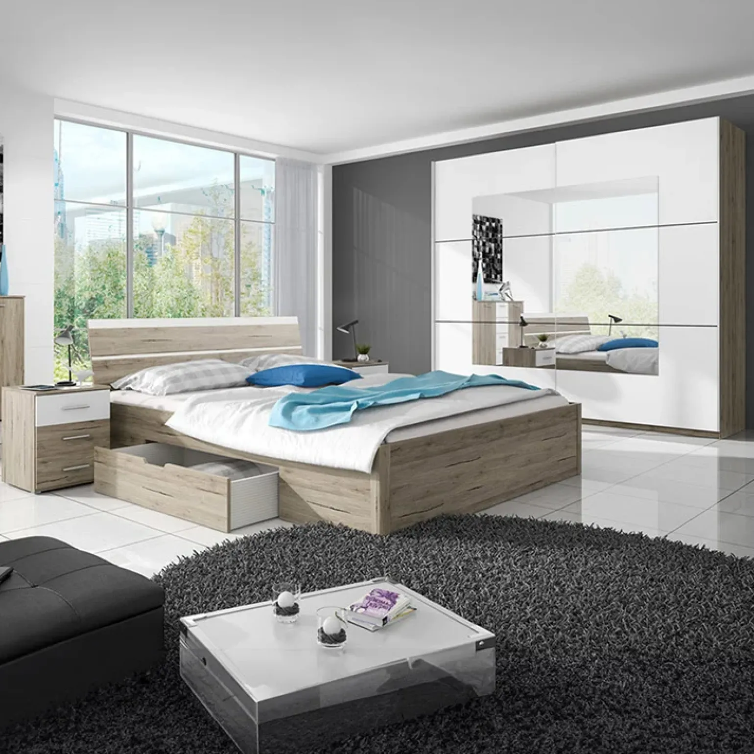 Camera completa con letto matrimoniale 160x200cm rovere natura bianco Copenhagen