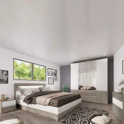 Camera da letto completa matrimoniale con LED rovere scuro bianco opaco Garonna
