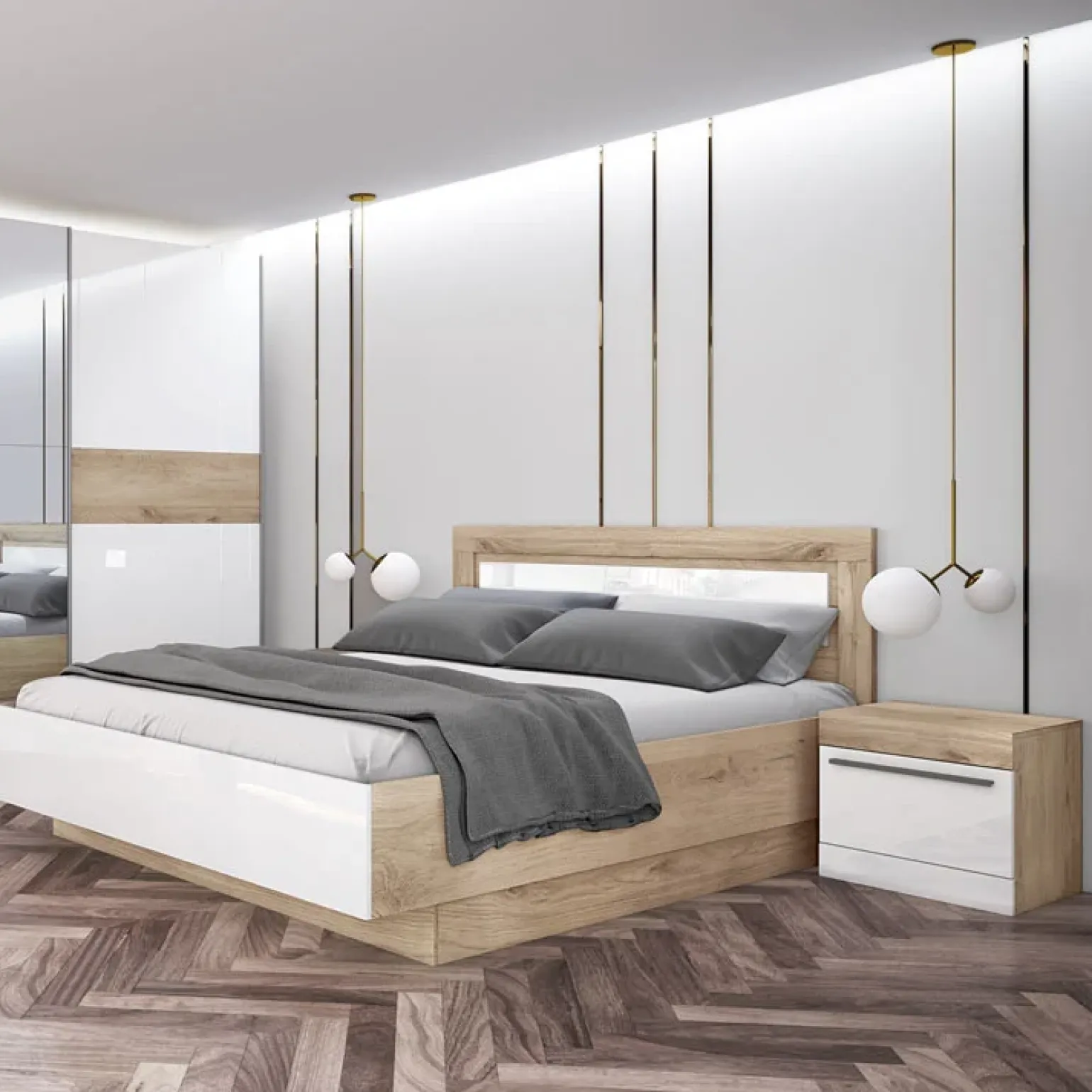 Camera da letto completa matrimoniale bianco lucido rovere sonoma Monaco