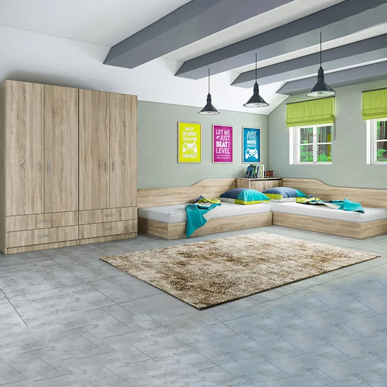 Camera doppio letto completa design rovere sonoma Caronte