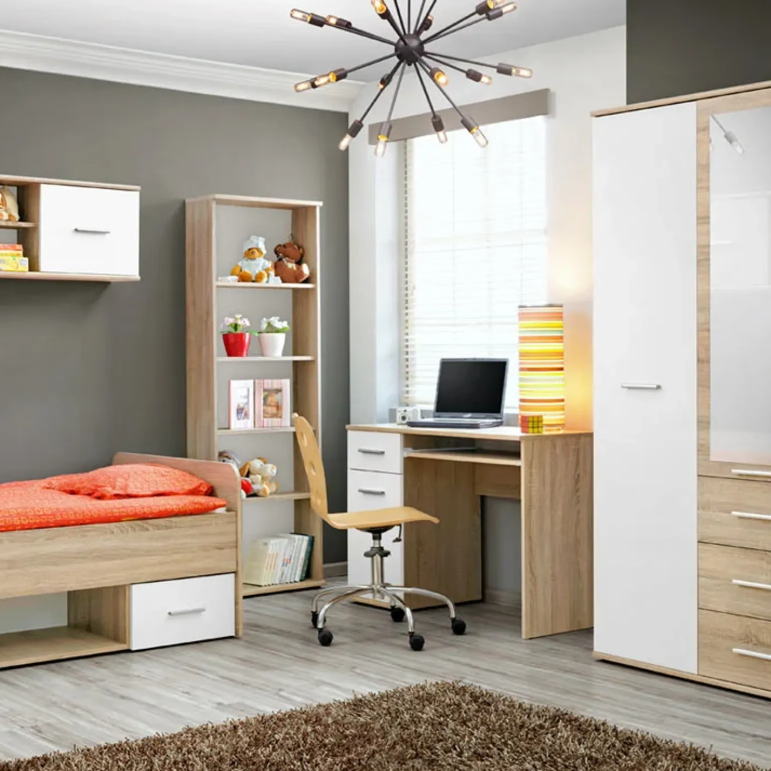 Cameretta bambini 1 letto singolo quercia sonoma bianco opaco Ciak 2