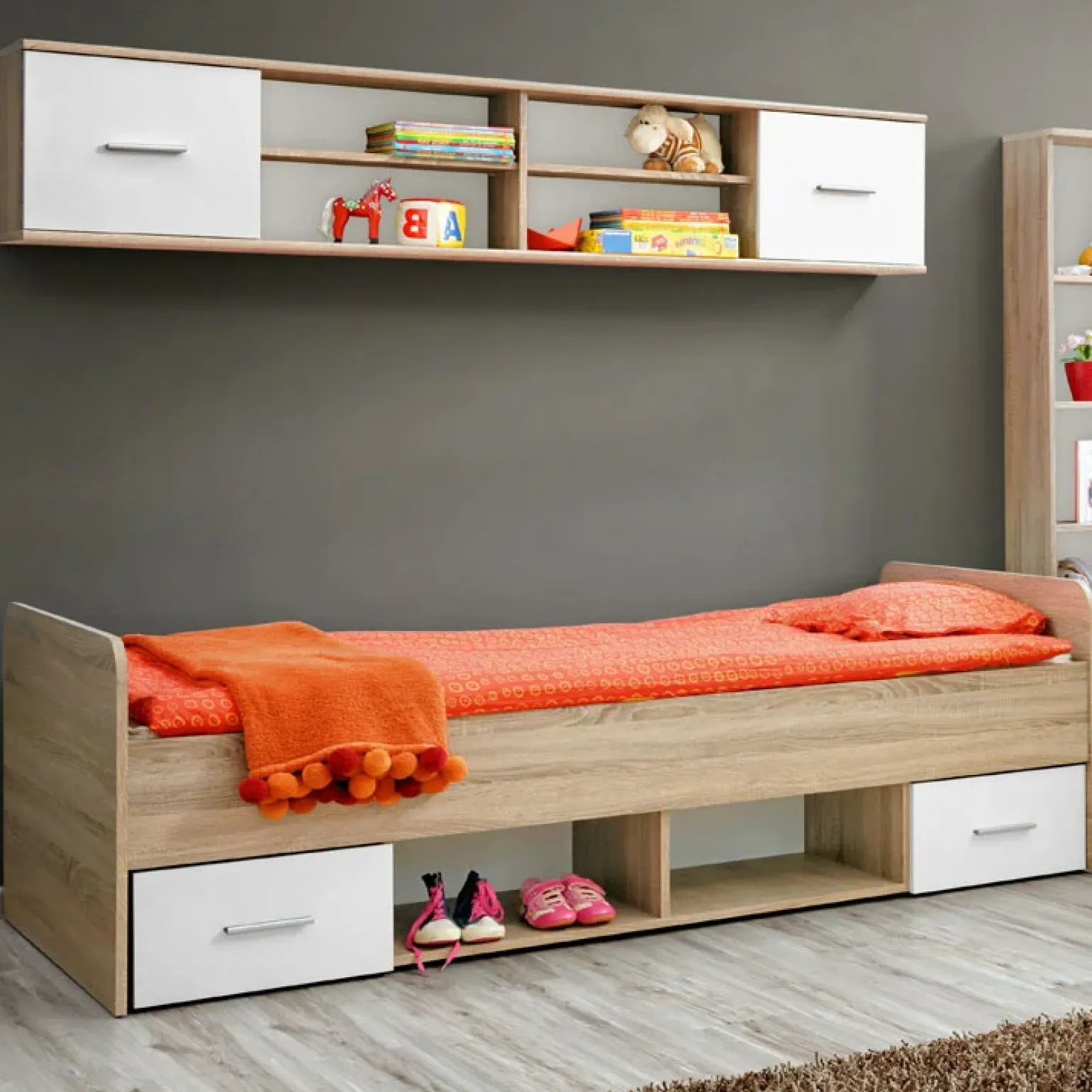 Cameretta bambini 1 letto singolo quercia sonoma bianco opaco Ciak 2