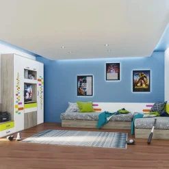 Cameretta bambini completa 2 letti contenitore rovere bianco opaco verde Noemi