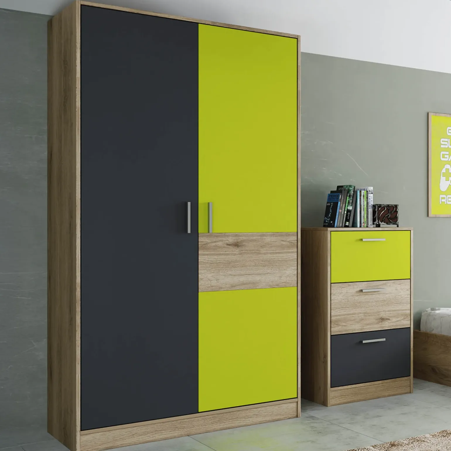 Cameretta bambini rovere verde mela grafite armadio letto comodino cassettiera scrivania Cooper