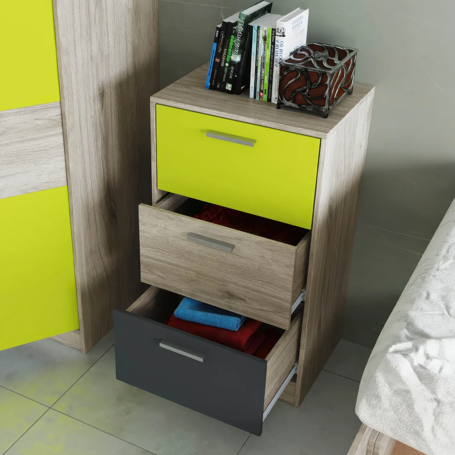 Cameretta bambini rovere verde mela grafite armadio letto comodino cassettiera scrivania Cooper