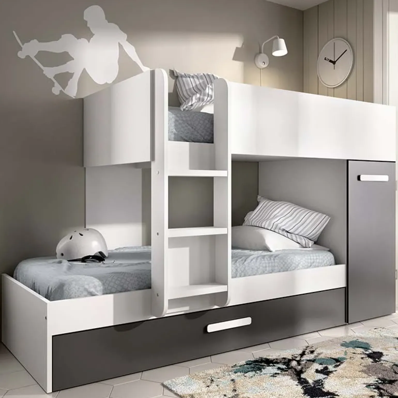 Cameretta bambini 244x150cm 3 letti soppalco reversibile bianco grafite Damian