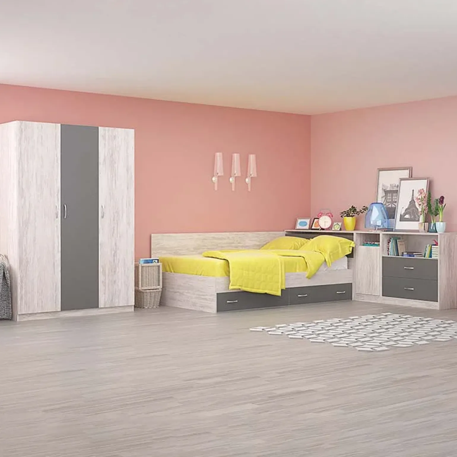 Cameretta completa con letto una piazza e mezza, comò e armadio 3 ante bianco frassinato grigio Cesare
