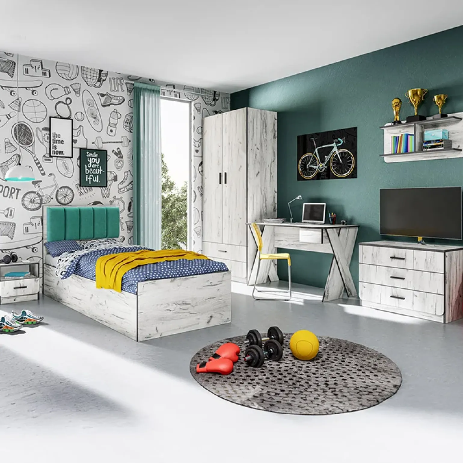 Cameretta per bambini 1 letto singolo contenitore bianco rustico turchese Zadar