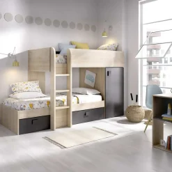 Cameretta 255x109cm 2 letti a soppalco reversibile rovere grafite Sole