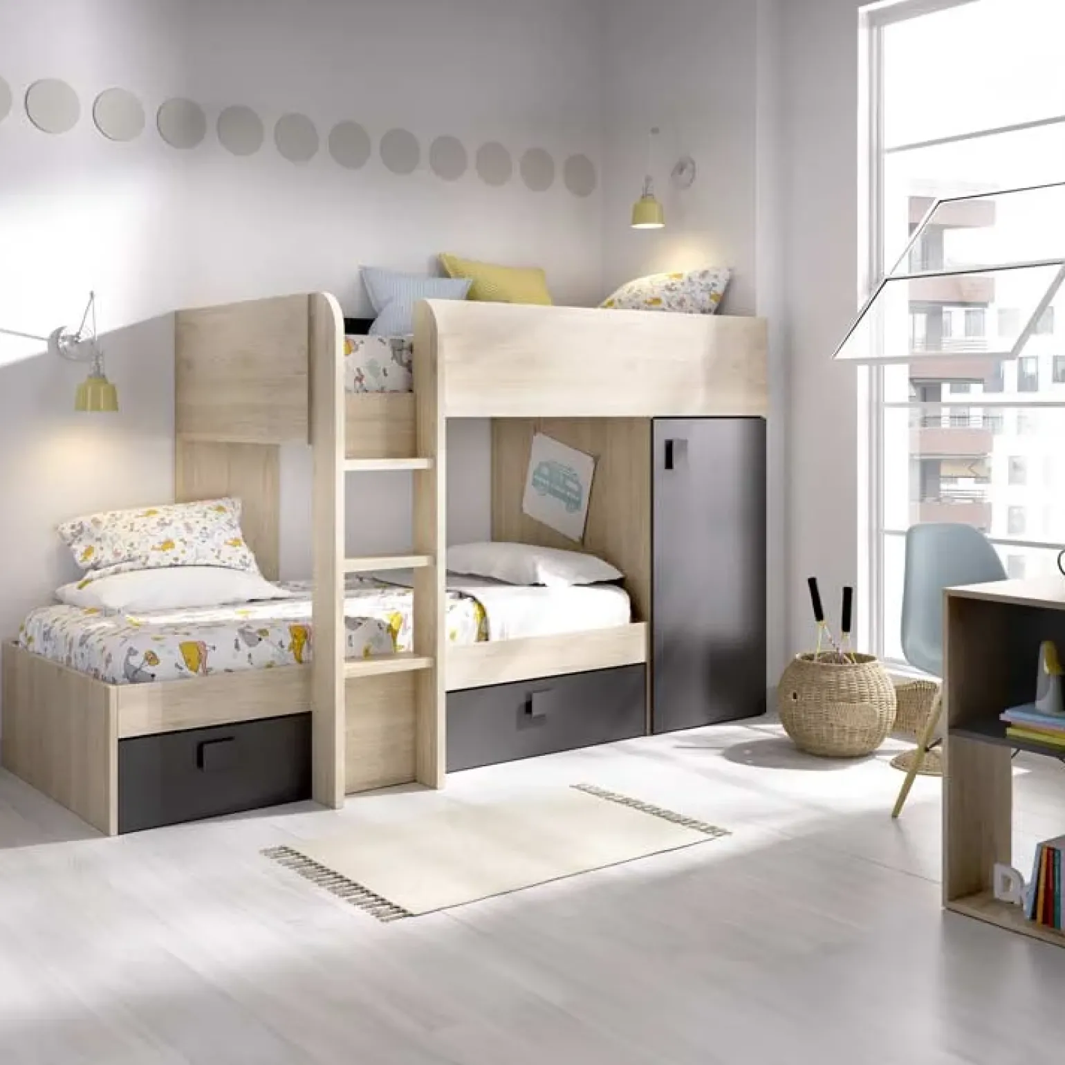 Cameretta 255x109cm 2 letti a soppalco reversibile rovere grafite Sole