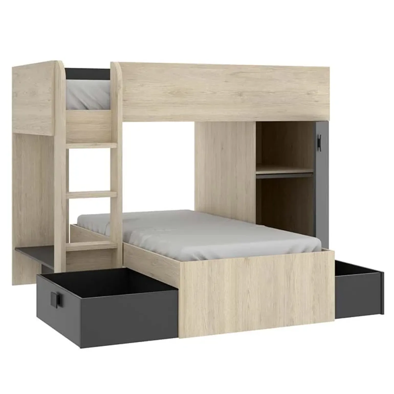 Cameretta 255x109cm 2 letti a soppalco reversibile rovere grafite Sole