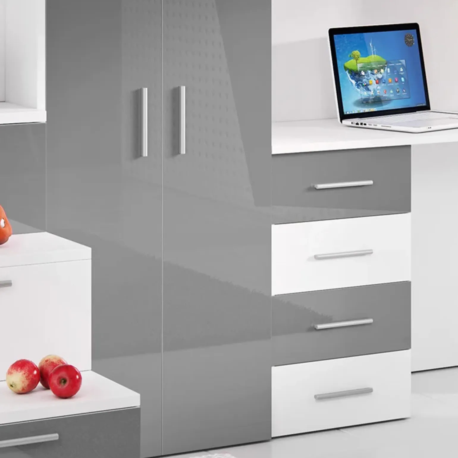 Cameretta 254x120cm 1 letto soppalco bianco grigio lucido Simone Gihome®
