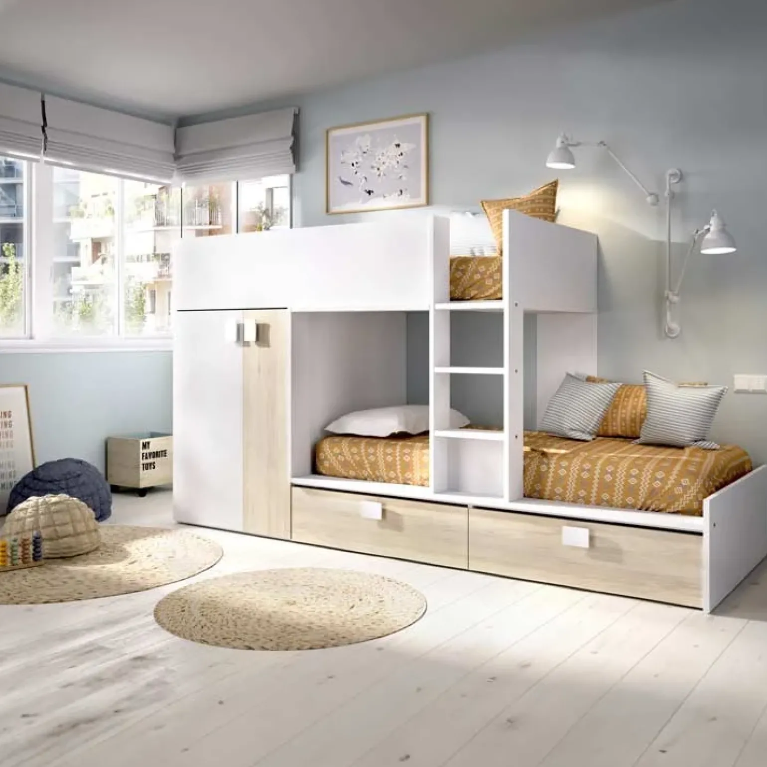 Cameretta 275x106cm bambini 2 letti reversibile rovere bianco opaco a soppalco Clark