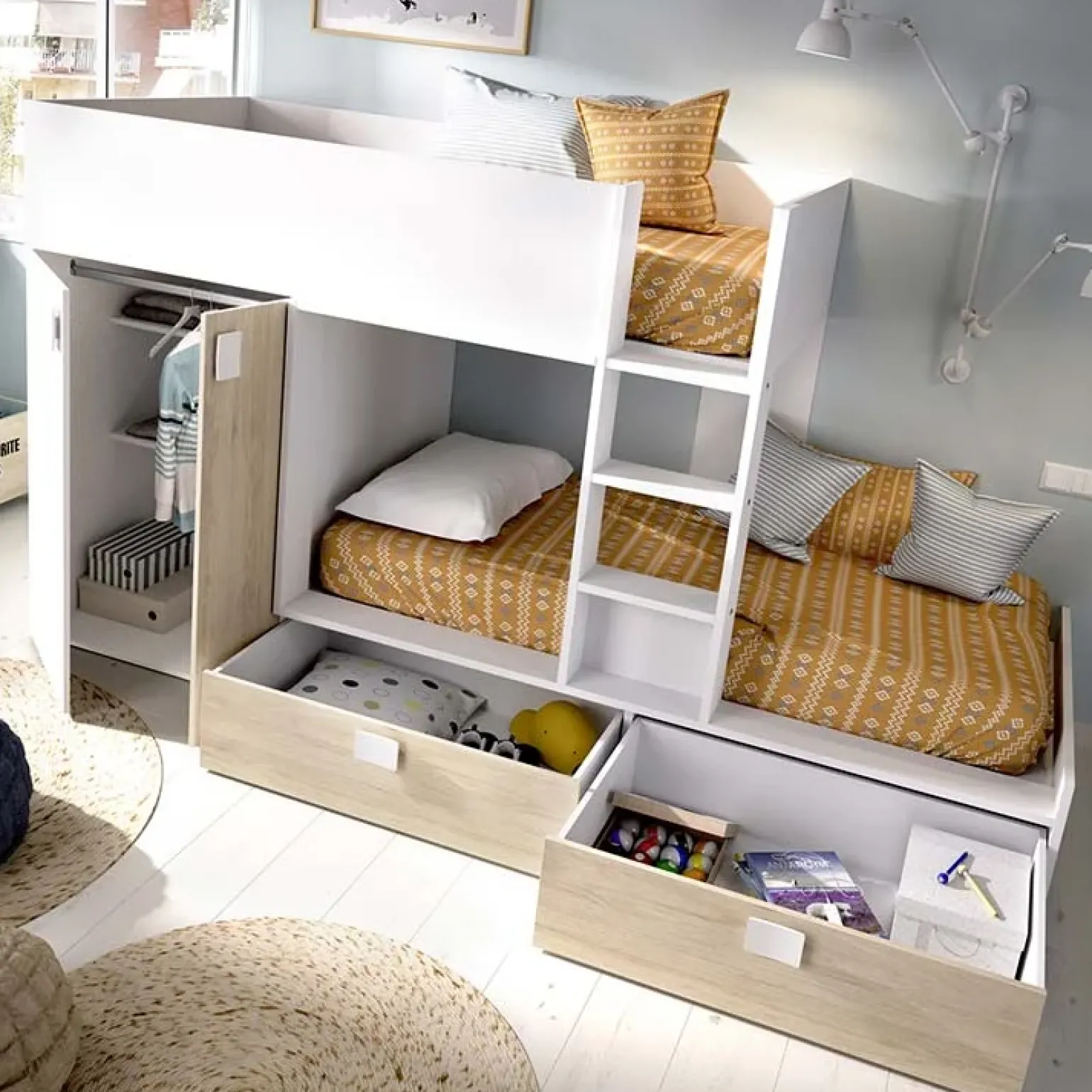 Cameretta 275x106cm bambini 2 letti reversibile rovere bianco opaco a soppalco Clark
