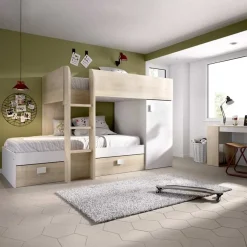 Cameretta 255x112cm bambini 2 letti reversibile rovere bianco a soppalco Sole