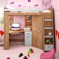 Cameretta 204x120cm bambini completa destra 1 letto singolo rovere miele bianco frassinato Dollie Gihome®