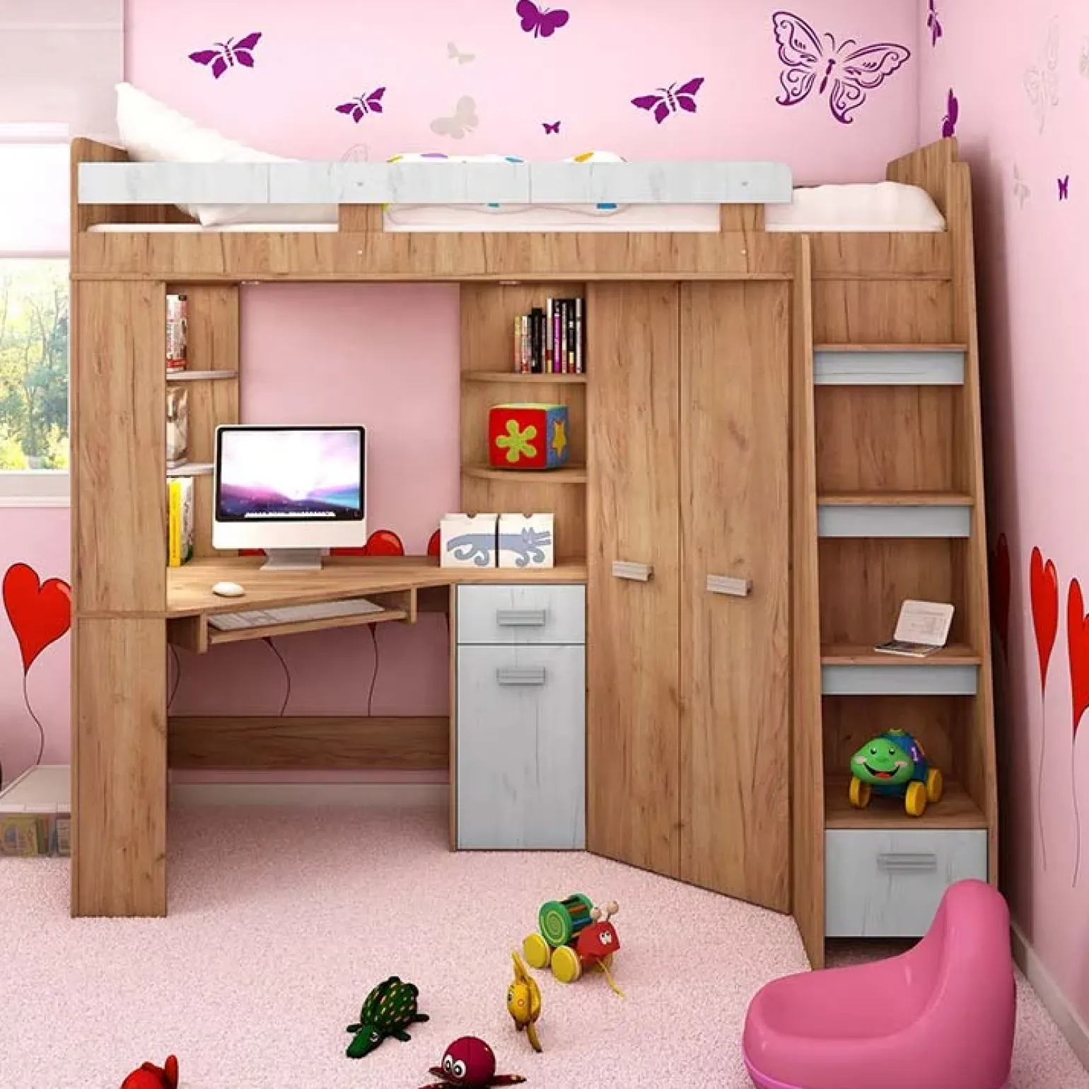 Cameretta 204x120cm bambini completa destra 1 letto singolo rovere miele bianco frassinato Dollie Gihome®