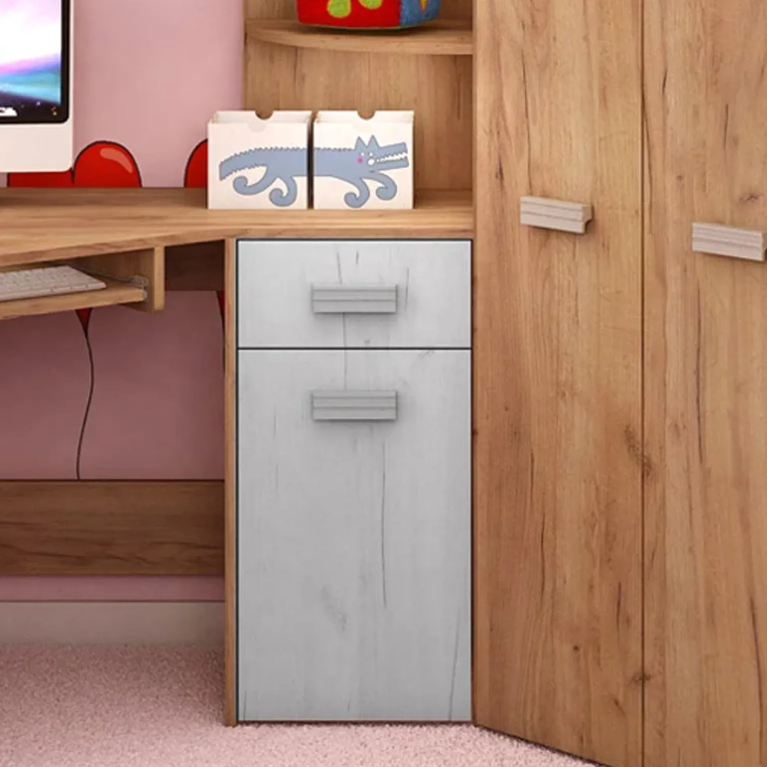 Cameretta 204x120cm bambini completa destra 1 letto singolo rovere miele bianco frassinato Dollie Gihome®