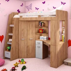 Cameretta 204x120cm bambini completa sinistra 1 letto singolo rovere miele bianco frassinato Dollie Gihome®