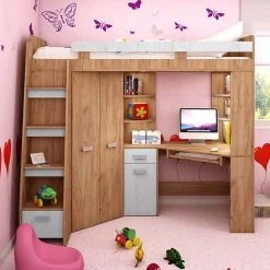 Cameretta 204x120cm bambini completa sinistra 1 letto singolo rovere miele bianco frassinato Dollie Gihome®