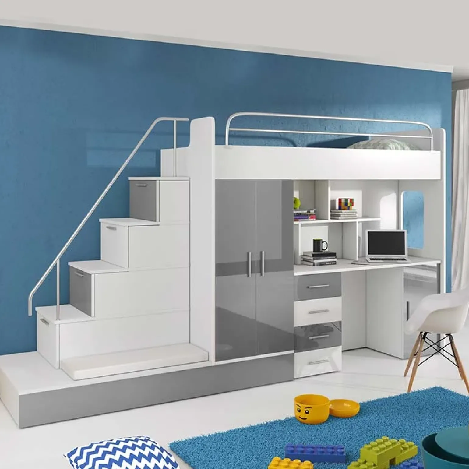 Cameretta 324x86cm completa 2 letti singoli bianco grigio Diego Gihome®