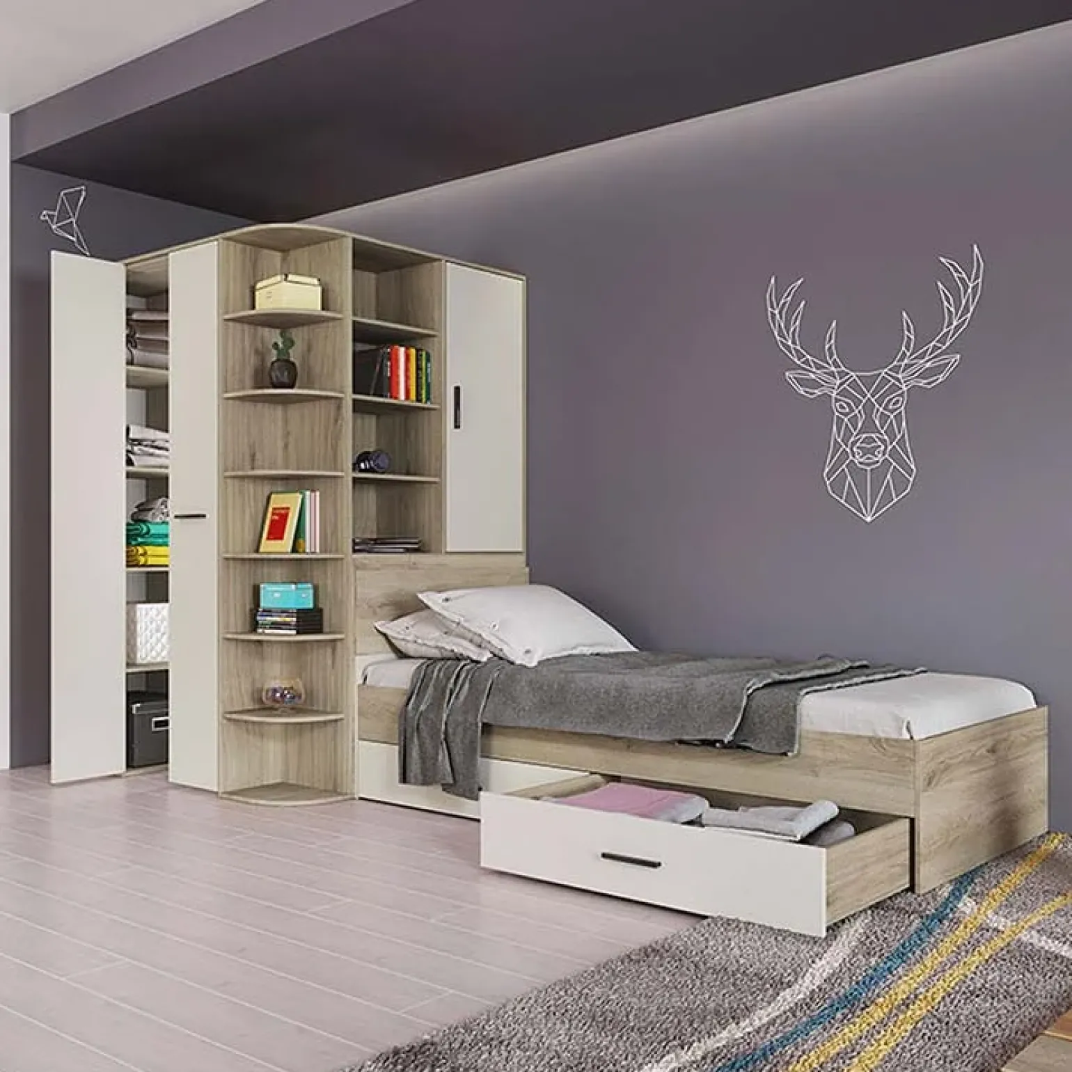 Cameretta 352x124cm con cabina armadio rovere beige champagne Fabio Gihome®
