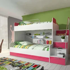 Cameretta 254x120cm con soppalco 2 letti singoli bianca rosa Enrico Gihome®