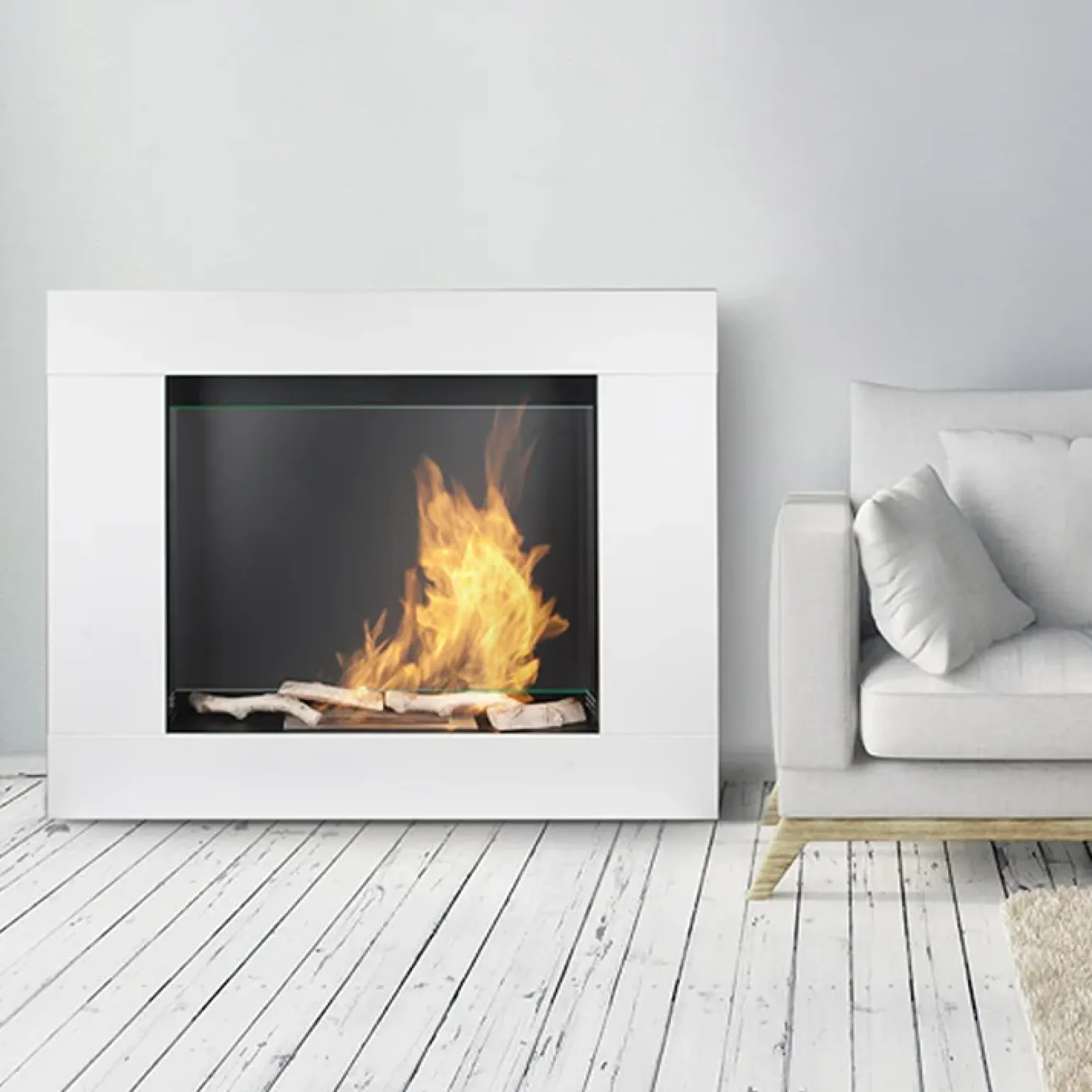 Caminetto bioetanolo 105x90h cm da parete acciaio e vetro bianco Etna