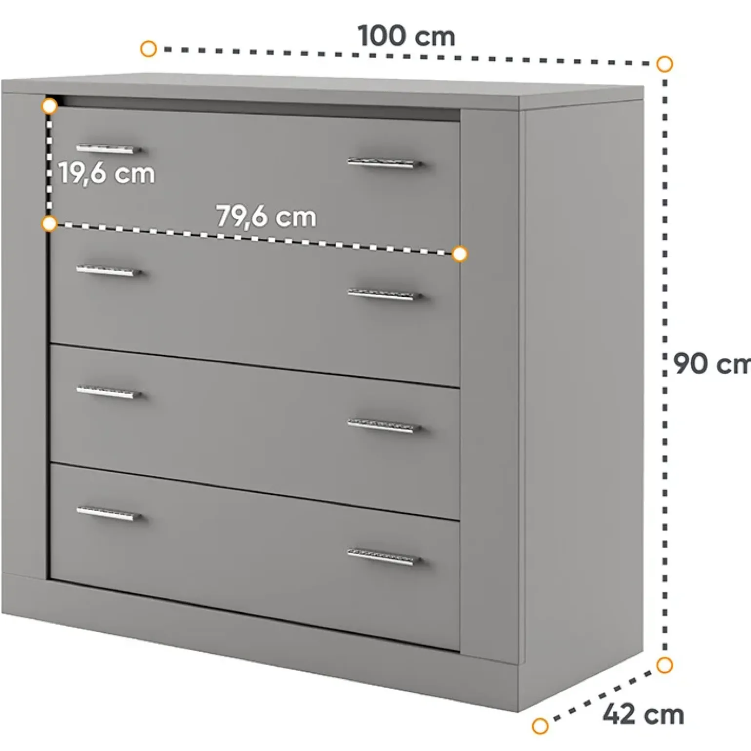 Cassettiera 100x90h 4 cassetti cm grigio Ombra