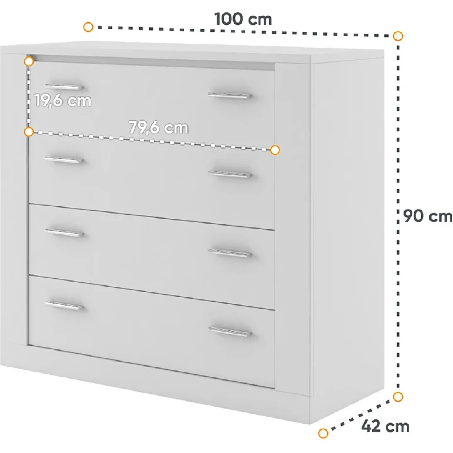 Cassettiera 100x90h 4 cassetti cm bianco opaco Ombra