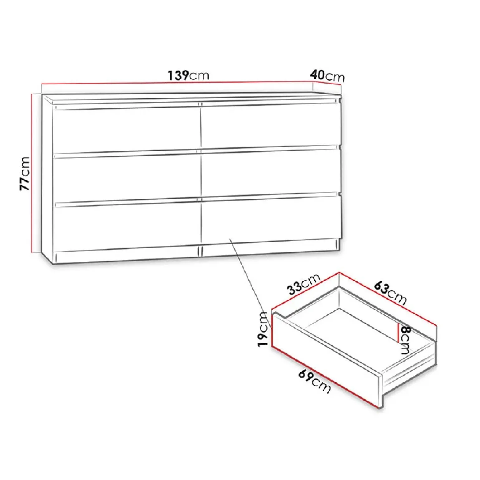 Cassettiera 139x77h cm 6 cassetti moderna rovere Rotterdam