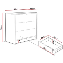 Cassettiera 80x75h cm 3 cassetti moderna bianco Athena