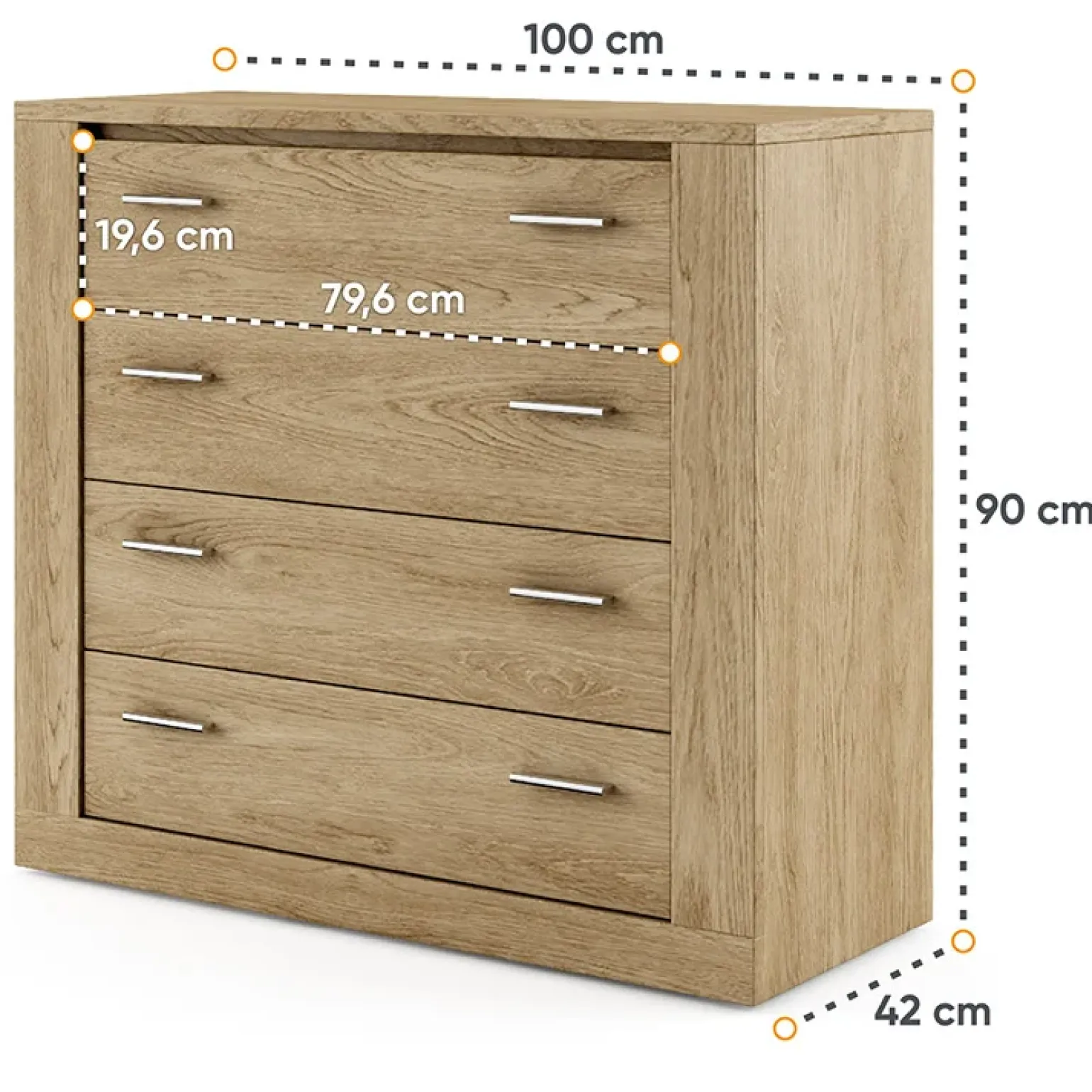 Cassettiera 100x90h cm 4 cassetti rovere Ombra