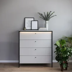 Cassettiera 101x115h cm 4 cassetti con LED grigio nero Luna