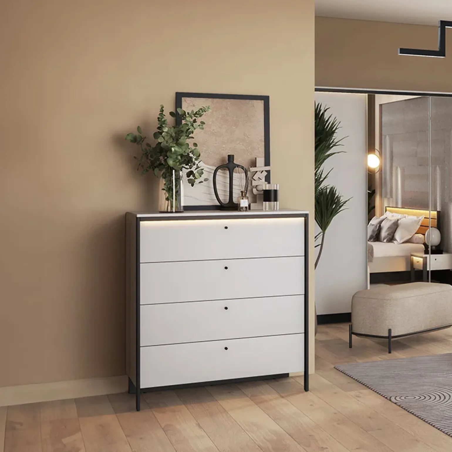 Cassettiera 101x115h cm 4 cassetti con LED grigio nero Luna