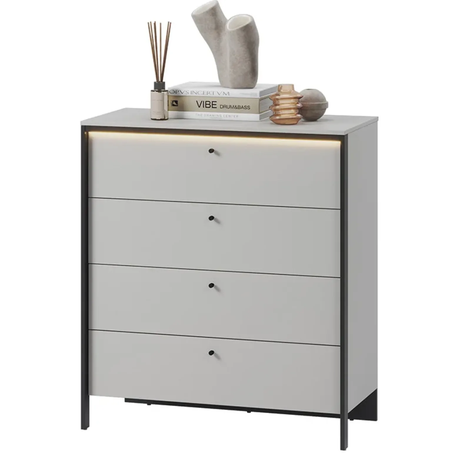 Cassettiera 101x115h cm 4 cassetti con LED grigio nero Luna