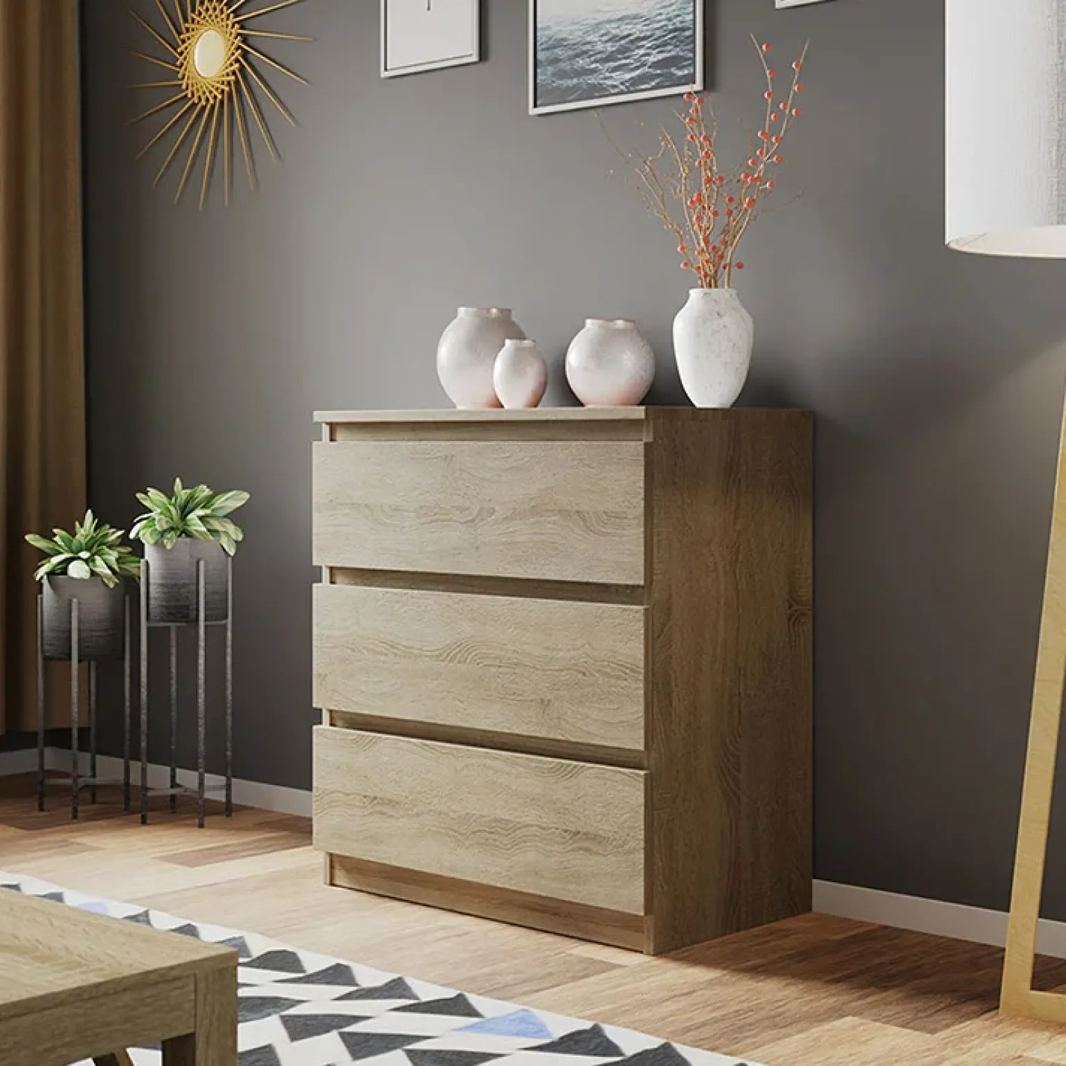 Cassettiera 70x77h cm 3 cassetti moderna rovere Rotterdam