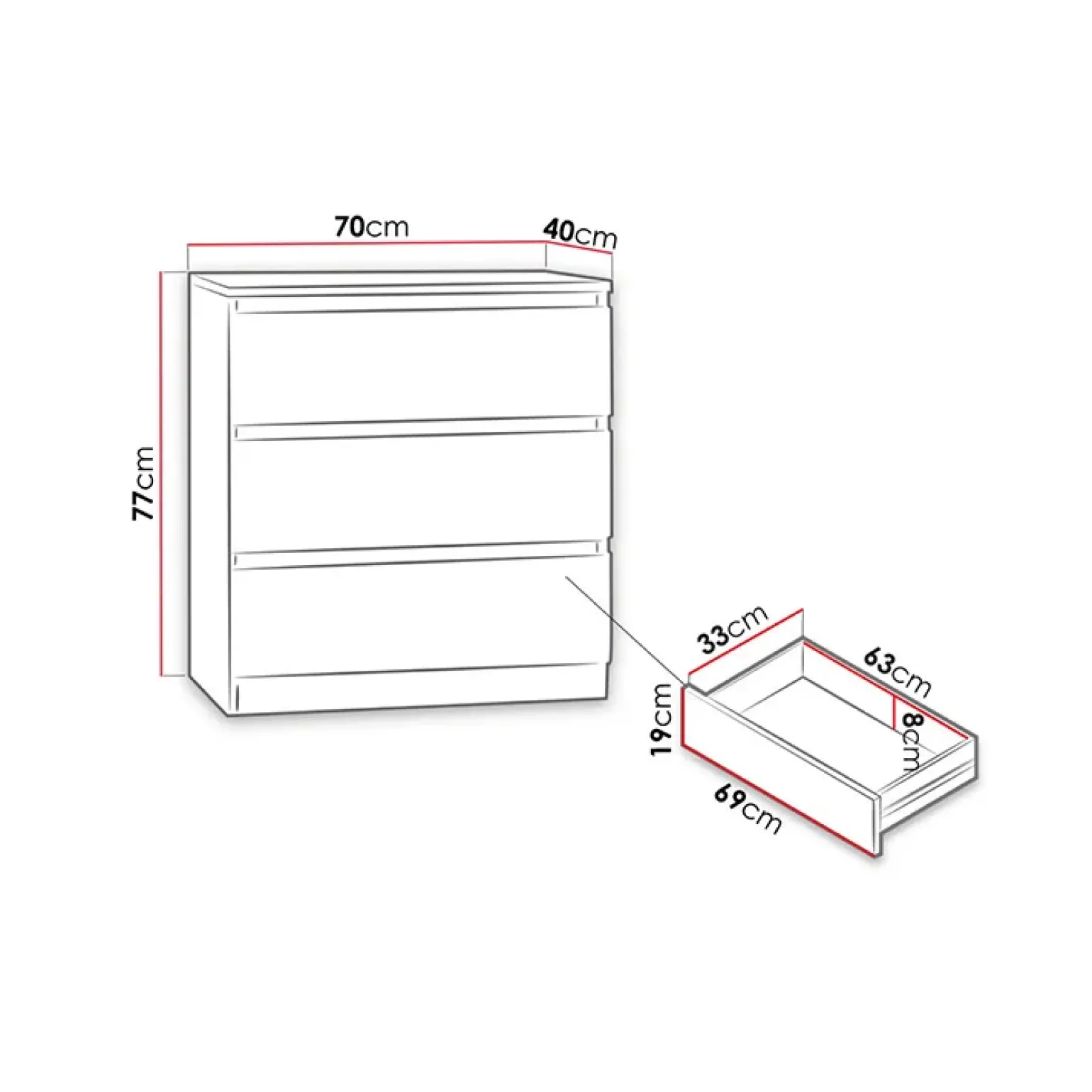 Cassettiera 70x77h cm 3 cassetti moderna rovere Rotterdam