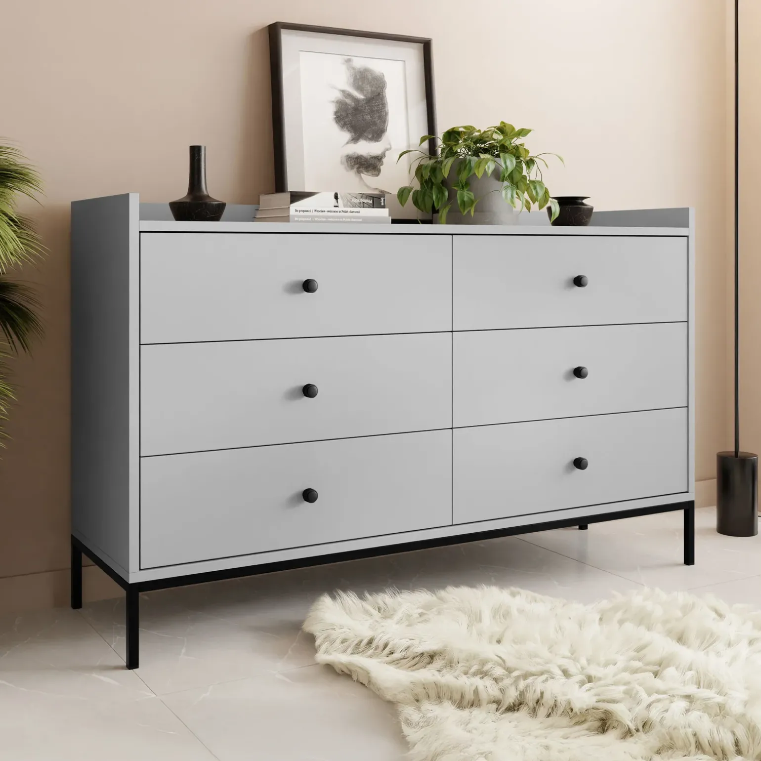 Cassettiera 130x80h cm design moderno 6 cassetti grigio Pollon