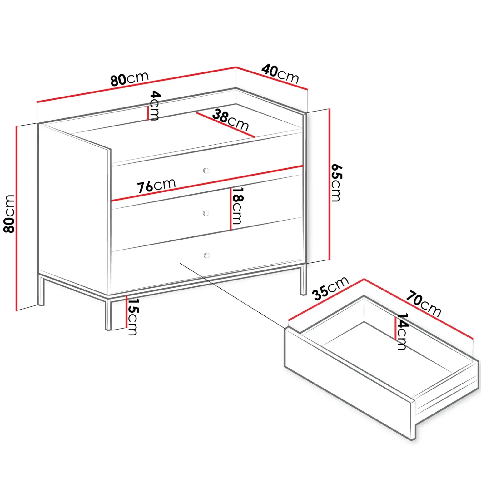 Cassettiera 80x80h cm design moderno 3 cassetti bianco Pollon