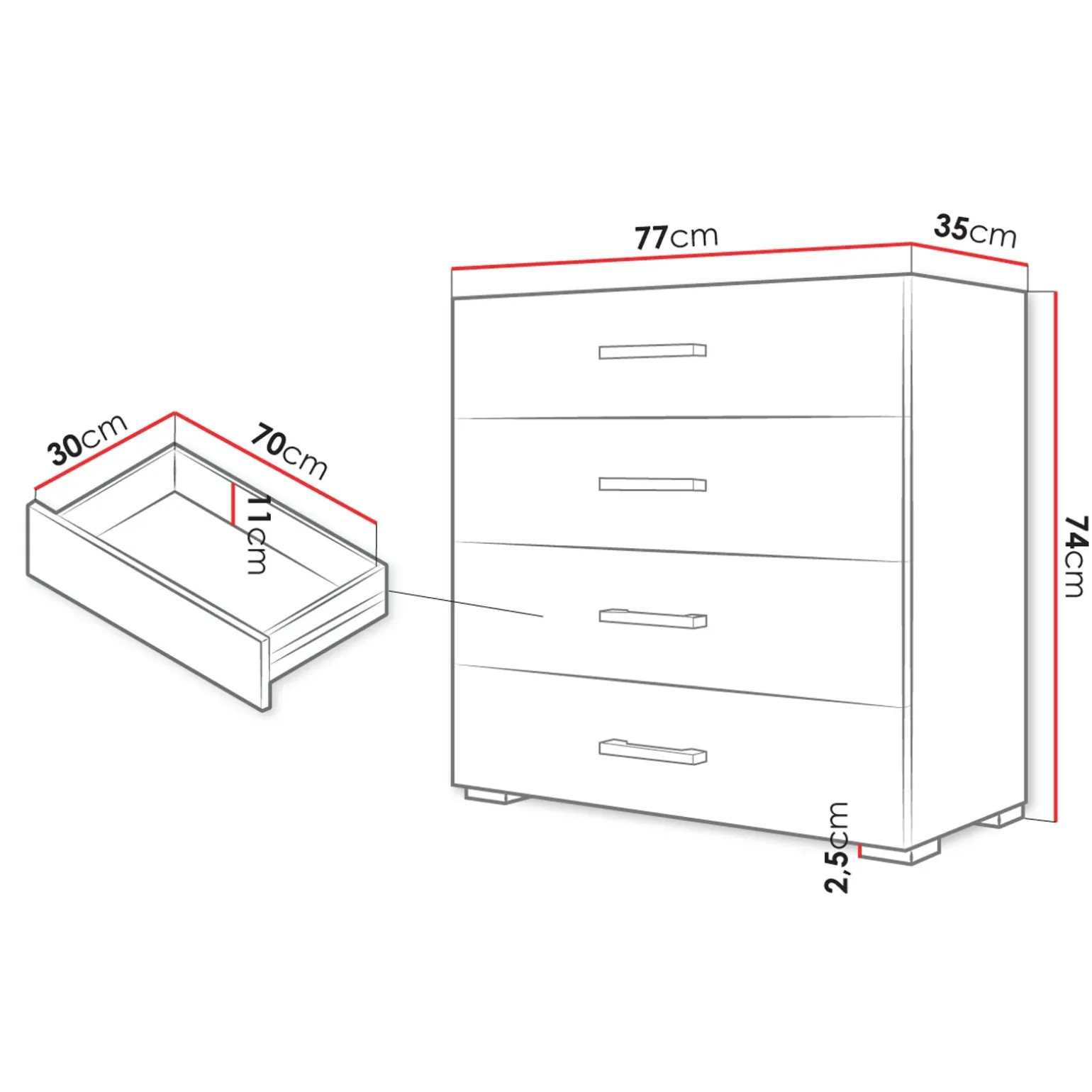 Cassettiera 77x74h cm design moderno 4 cassetti bianco Pastello