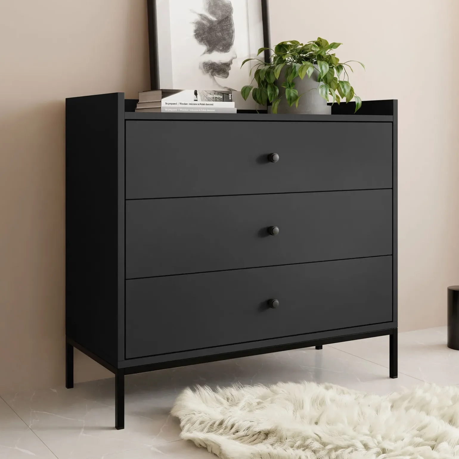 Cassettiera 80x80h cm design moderno 3 cassetti nero Pollon