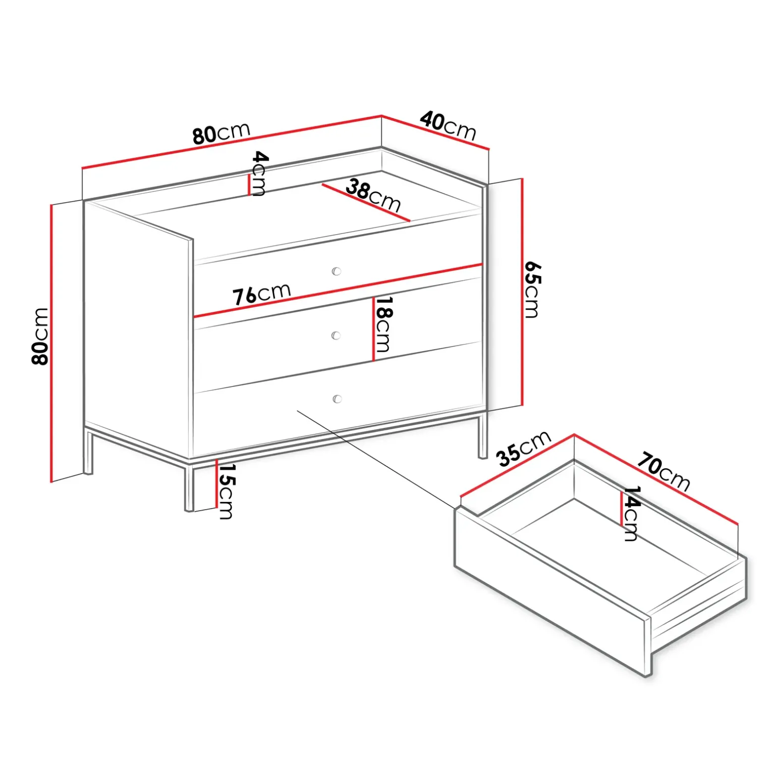 Cassettiera 80x80h cm design moderno 3 cassetti nero Pollon