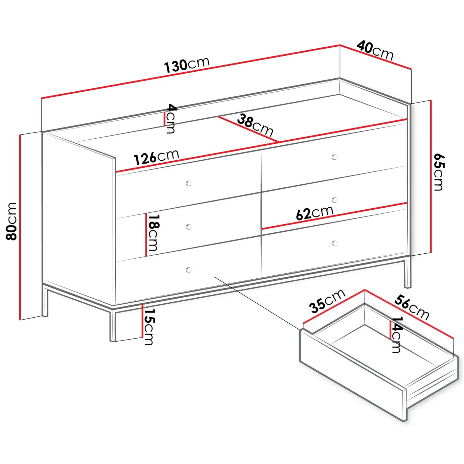 Cassettiera 130x80h cm design moderno 6 cassetti nero Pollon