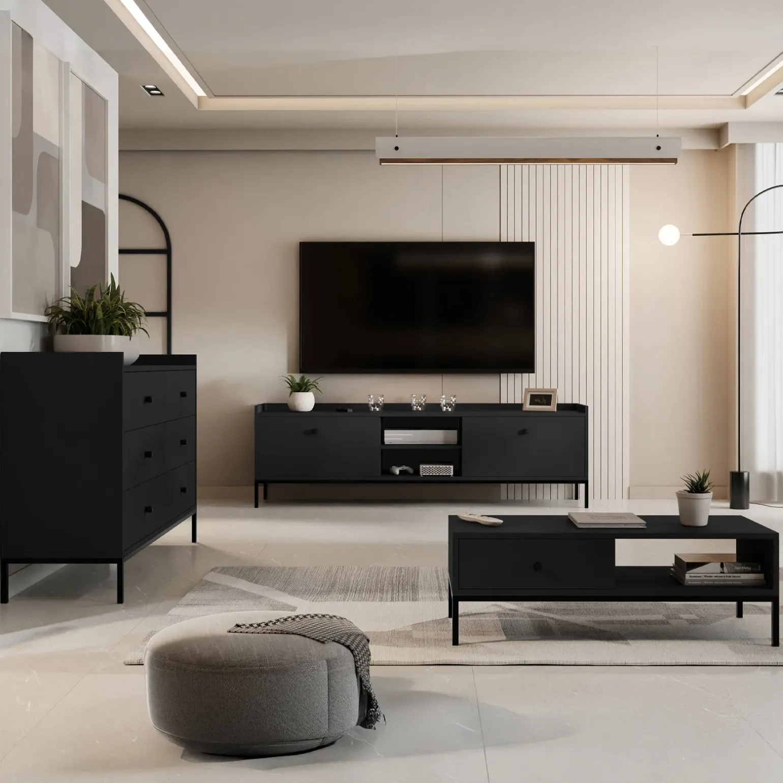Cassettiera 130x80h cm design moderno 6 cassetti nero Pollon